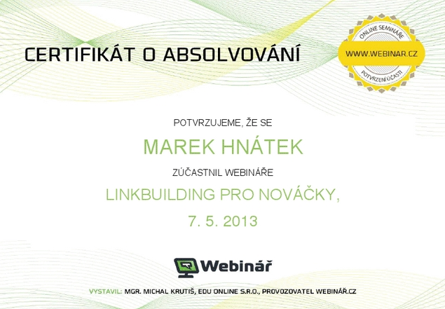 Certifikát – webinář linkbuildingu Certifikát – webinář linkbuildingu
