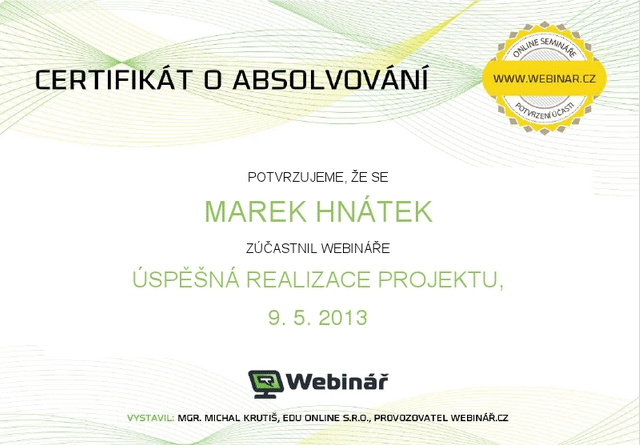 Certifikát – webinář realizace projektu Certifikát – webinář realizace projektu